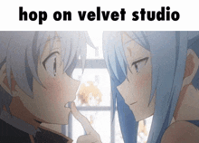 a couple of anime characters with the words hop on velvet studio below them