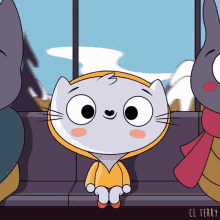 a cartoon cat wearing a yellow hoodie sits on a bench next to two other cats