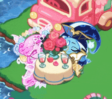 a cartoon character is sitting at a table with flowers and wine glasses
