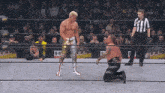 a wrestler is kneeling down in front of another wrestler in a ring that says aew on the wall