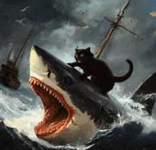 a cat is riding on the back of a shark