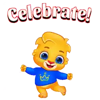 a cartoon lion wearing a blue shirt with a yellow crown on it says celebrate