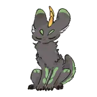 a cartoon drawing of a cat with green eyes and a horn on its head .