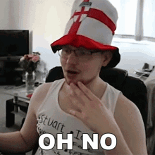 a man wearing a red white and blue hat and glasses is saying oh no