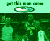 a basketball player wearing a lakers jersey stands next to a referee
