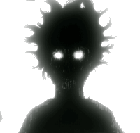 a silhouette of a person with glowing eyes against a white background