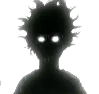 a silhouette of a person with glowing eyes against a white background