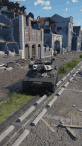 a tank is driving down a road in front of a destroyed city