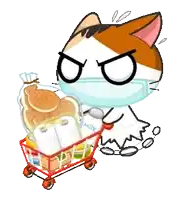 a cartoon cat wearing a mask is pushing a shopping cart full of food