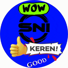 a blue circle with a hand giving a thumbs up in front of a wow sni logo