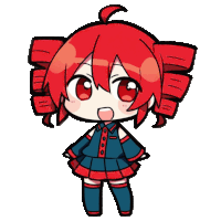 a cartoon drawing of a girl with red hair and red eyes