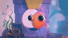 a cartoon fish with a crown on its head is standing next to a treasure chest