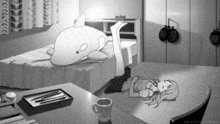 a black and white drawing of a girl laying on a bed next to a stuffed dolphin