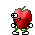 a pixel art of a red apple with a green stem and leaves .