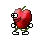 a pixel art of a red apple with a green stem and leaves .