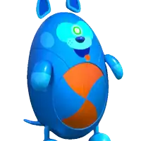 a blue cartoon dog with a green eye and a ball in its mouth