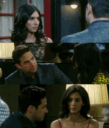 a man in a suit and a woman in a red top are looking at each other