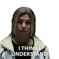 a man with long hair has a sticker on his face that says " i think i understand "