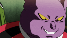 a cartoon character with a purple face and yellow eyes is smiling