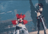 two anime girls with red hair are standing next to each other on a stage