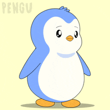 a blue and white penguin is standing in front of a yellow background that says pengu