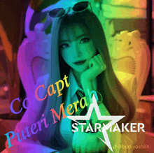 a girl is sitting in a chair with the words co capt puteri merah starmaker on the bottom
