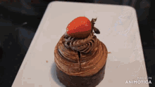a chocolate cake with a strawberry on top is on a white plate made in animatica