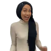 a woman wearing a turtleneck sweater and a black scarf is making a funny face