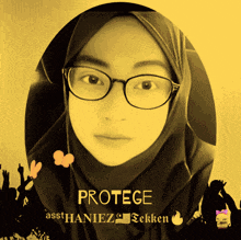 a woman wearing glasses and a hijab says protege on the bottom right
