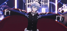 a 3d anime character is standing with his arms outstretched in a room .