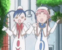 two anime girls are standing next to each other with their hands in the air