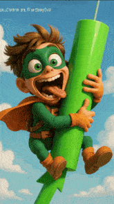 a boy in a green superhero costume is holding a green tube
