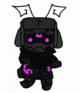 a drawing of a robot with purple eyes and a hat on a white background .