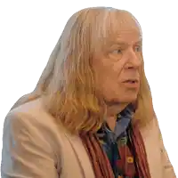 a man with long blonde hair is wearing a white jacket and a scarf