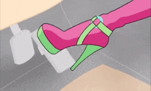 a cartoon drawing of a woman 's foot wearing a pink and green high heeled shoe