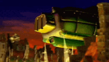 a green and yellow car is flying through the air in a video game .