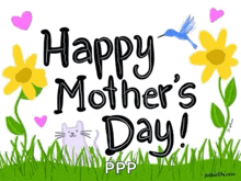 a happy mother 's day greeting card with flowers , hearts , a cat and a bird .
