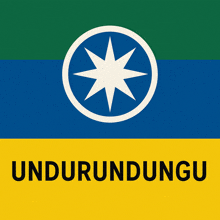 a blue green and yellow flag with a white star in the center and the words undurundurugu below it