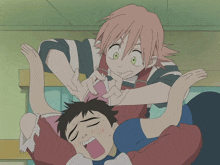 a boy with pink hair is laying on top of a girl