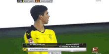 a soccer player wearing a yellow and black jersey stands on a field .