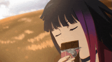 a girl with purple hair is eating a chocolate bar with her eyes closed