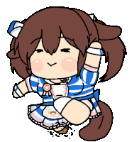 a cartoon drawing of a girl with brown hair and a blue and white dress
