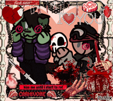 a picture of two cartoon characters with the words kiss me until i start to rot on the bottom