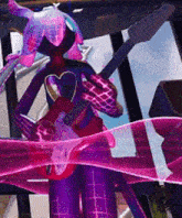 a purple robot is playing a guitar in front of a window