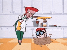 a cartoon of a woman pointing at a cartoon character in a kitchen .