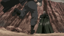 a man in a black cape holds a sword in front of a skeleton