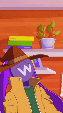 a cartoon character with the letter w on their head