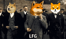 a man in a suit has a doge head on his head