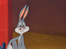 a cartoon character named bugs bunny is standing next to a door