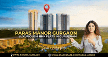 a woman is pointing at a building that says paras manor gurgaon on it